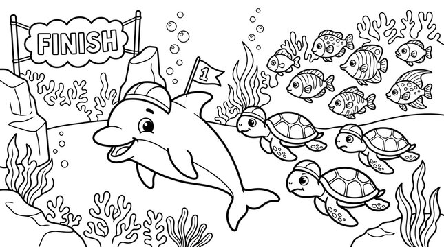 A fun black and white coloring page for kids showing a dolphin and sea turtles racing towards a finish line in an underwater coral reef setting
