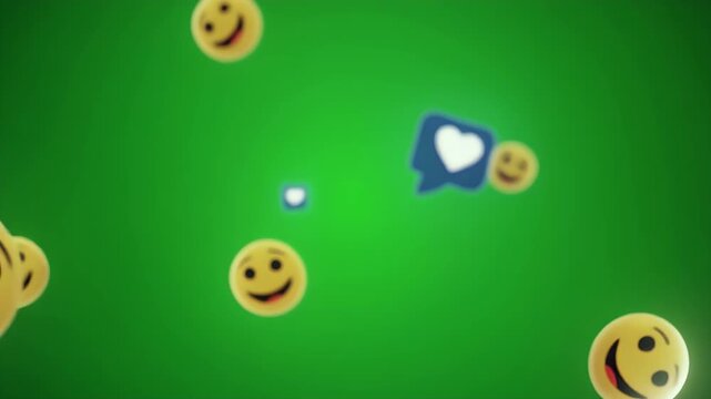 A 3D rendering of social media icons like emojis and hearts float against a green background.