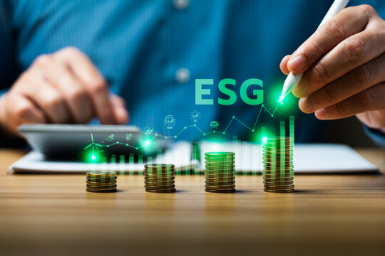 Business professional analyzing ESG investment growth with rising coin stacks and digital financial chart, sustainable finance strategy, corporate responsibility reporting, and term value creation