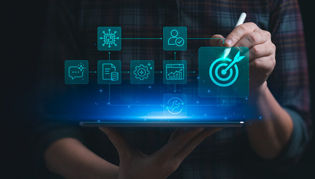 AI workflow process concept with person using tablet and stylus showing connected automation data management user verification analytics optimization and target achievement