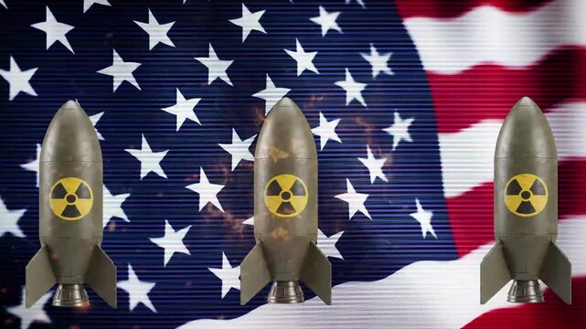 Three nuclear missiles poised for launch before American flag video motion