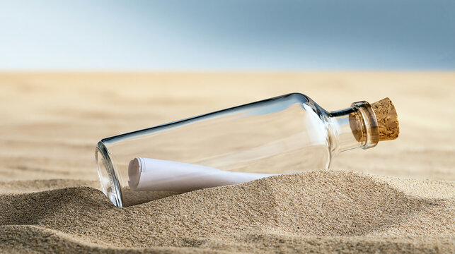 Message in a bottle isolated on transparent background. A clear bottle with a rolled document inside, set in fine beach sand, representing connection, long-distance communication, hope.