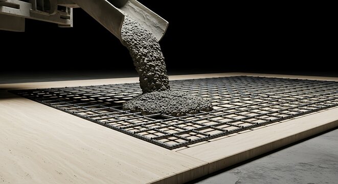 Industrial Concrete Pouring Into Metal Grid on Wooden Formwork