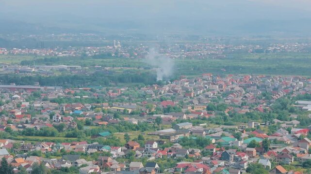 Aerial Panorama of Khust Town with Carpathian Mountains, Ukraine
