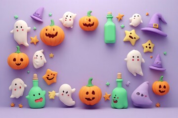 Obraz premium ia generated top view frame layout of cute plasticine halloween clay figures, including pumpkins, ghosts, witch hats, and potions on a purple background. Spooky claymation copy space mockup.