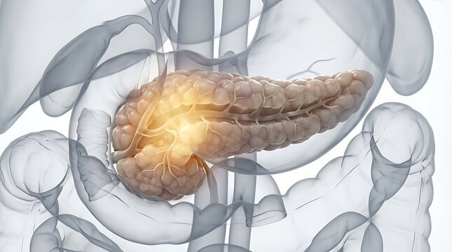3D medical illustration of human pancreas with localized inflammation or tumor