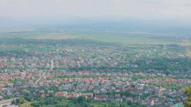 Aerial Panorama of Khust Town with Carpathian Mountains, Ukraine