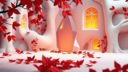 Naklejka premium Whimsical house nestled among trees. Red leaves scatter around glowing windows, creating cozy autumn scene. Soft lighting enhances fantasy vibe.