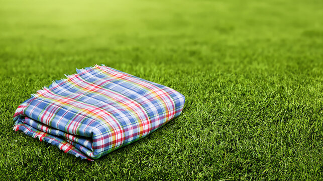 Neatly folded colorful plaid picnic blanket on fresh green grass for summer relaxation on transparent background.