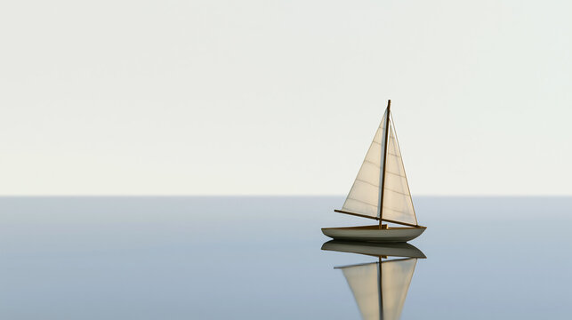 Miniature sailboat model resting on a reflective surface against a bright background, isolated on transparent background