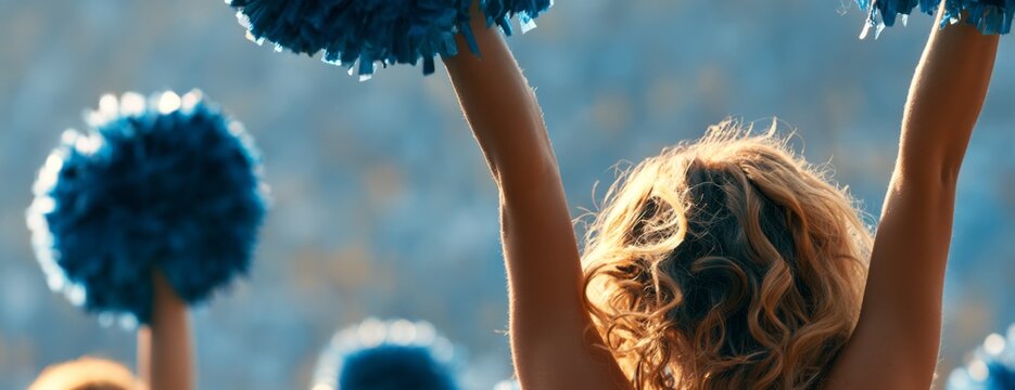 Joyful cheerleader celebrating with blue pom-poms at stadium 