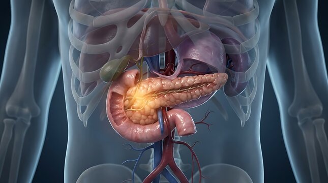 3D Illustration of Human Pancreas and Internal Organs with Cancer Highlight