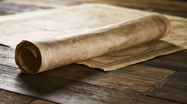 Rolled vintage map lying flat on a dark wooden textured surface, isolated on transparent background