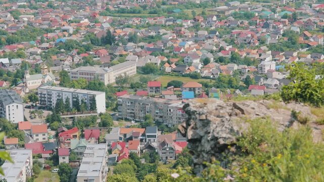 Aerial Panorama of Khust Town with Carpathian Mountains, Ukraine