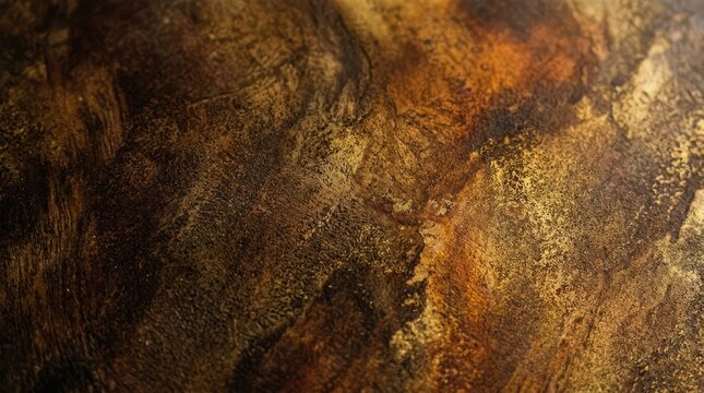 Abstract dark brown and gold textured background with distressed metallic brushstrokes and weathered vintage appearance