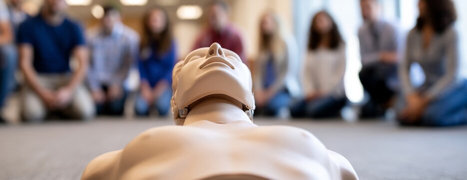 CPR training dummy positioned on the floor with people observing closely  