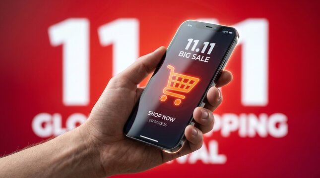 11.11 global shopping sale concept with smartphone online discount application on red background