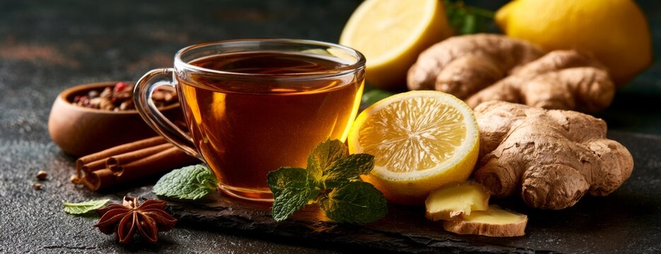 Ginger tea with lemon, mint, and spices on dark background, flu and treatment concept