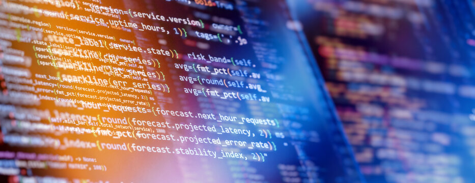 Abstract futuristic programming code on computer screen. Panoramic banner with Python script for server monitoring, predictive data analytics, and glowing neon bokeh.