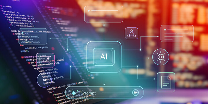 Generative AI and prompt engineering concept. Futuristic artificial intelligence UI with prompt input bar and multimodal content generation nodes over coding background.