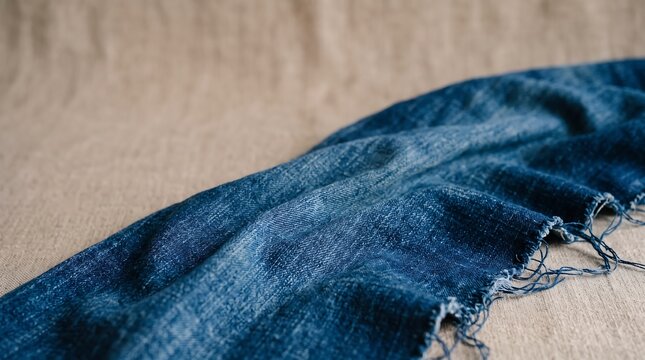 Rich indigo cotton fabric folded into soft flowing forms on a natural beige surface, showcasing detailed textile texture for fashion and design backgrounds