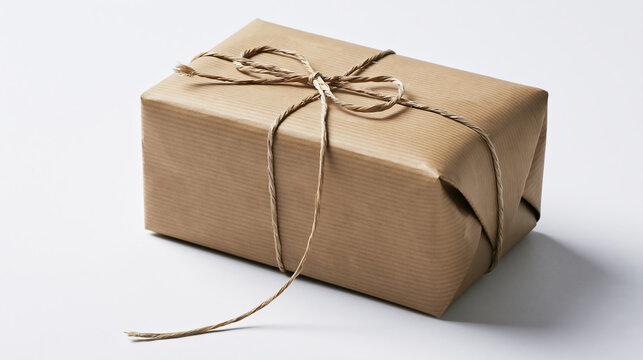 Wrapped brown paper gift box tied with string, isolated on transparent background showcasing a neat parcel package for delivery and celebration concepts