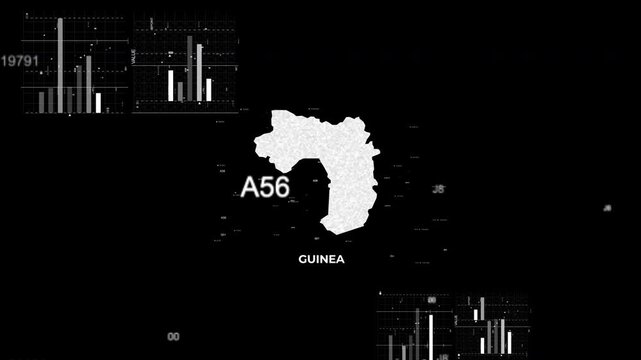 Guinea map animation showcasing economy, infrastructure, technology, population, energy, trade, and national development data for presentations, films, documentaries, and motion graphics.