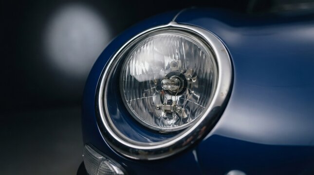 Vintage blue car headlight illuminated under dark conditions showcasing classic vehicle design and chrome metal trim shaping the front body panel curves perfectly during nighttime presentation