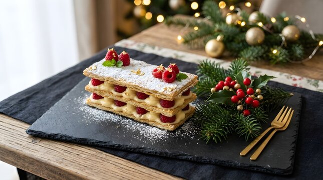 Gourmet raspberry mille feuille pastry served on a dark slate board