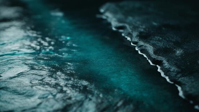 Colored water slowly washes across textured wet stone, forming thin reflective sheets through deep grooves under dramatic angled light in a moody teal and slate macro scene.