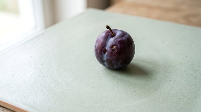 Ripe purple plum resting on a pale ceramic surface with soft natural light and minimalist composition, ideal for food, freshness, healthy eating, and still life concepts.