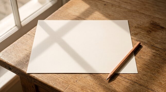 Wooden pencil resting on a blank paper sheet on a rustic wooden desk with warm natural light, creating a clean workspace concept for writing, education, and stationery.