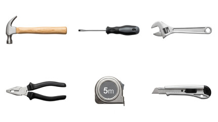 Fototapeta premium Professional hardware tools kit including hammer wrench screwdriver pliers knife and measure PNG,isolated on transparent background.
