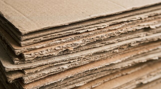 Close view of layered recycled cardboard with rough torn edges and natural paper fibers, highlighting sustainable material texture for packaging and environmental concepts.