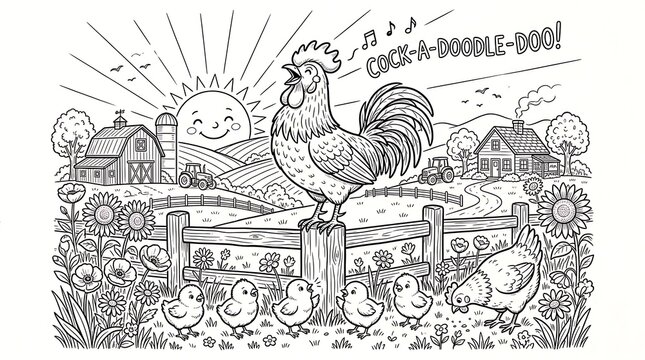 A joyful farm scene coloring page featuring a rooster crowing cock-a-doodle-doo with chicks and a hen in a sunny rural meadow landscape