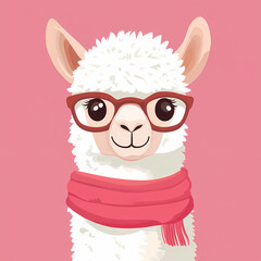 Fototapeta premium Cute white alpaca wearing glasses and scarf illustration on pink background