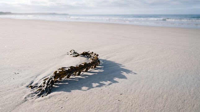 Brown seaweed lying on bright beach sand with ocean waves in the distance, capturing a natural coastal scene for marine, environmental, and travel concepts.