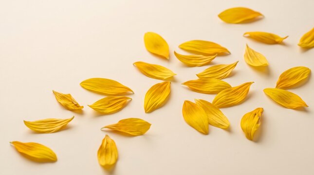Yellow sunflower petals scattered across a clean light surface with delicate floral texture and warm natural tones, ideal for botanical and decorative concepts.