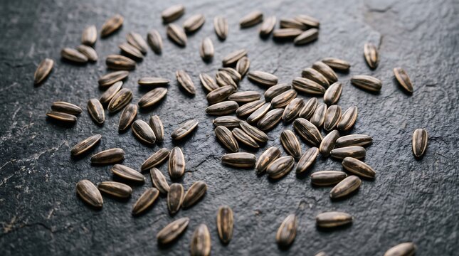 Sunflower seeds scattered across a dark textured stone surface, showing natural kernels and earthy tones for food, agriculture, nutrition, and botanical concepts.