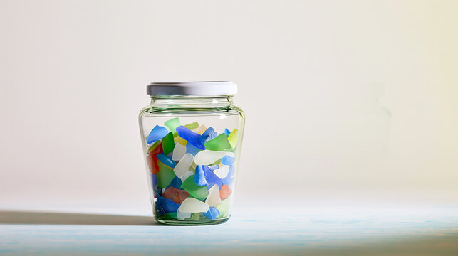Multicolor sea glass in jar on transparent background, representing beachcombing, coastal nature, and artisanal home decor.