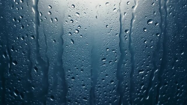 Fine condensation droplets form and merge on a cold glass surface, growing into tiny beads that slowly trickle together under soft backlighting in crisp cinematic macro motion.