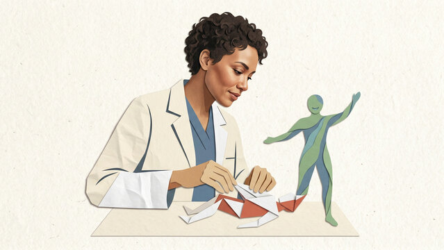 International Doctor's Day. Female doctor creates origami patient models in a creative workspace