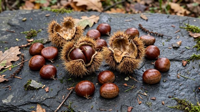 Fresh chestnuts and spiky husks arranged on dark slate with autumn foliage for seasonal food and harvest imagery
