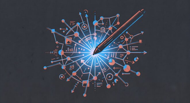 Artistic risograph print style edtech learning stylus and knowledge graph on charcoal background