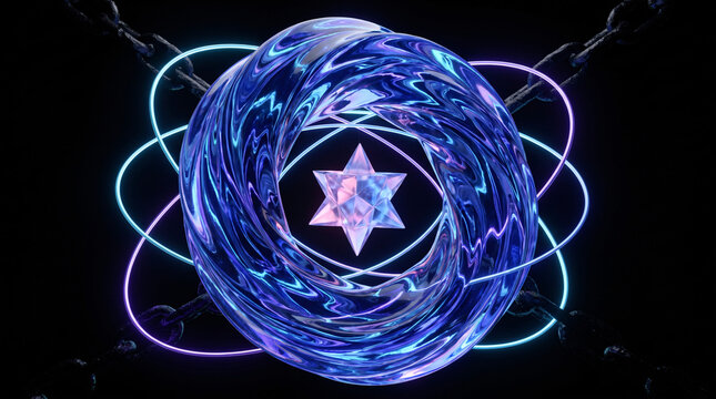 Abstract glowing orb with geometric star, surrounded by ethereal rings and chains, symbolizing mystical energy and cosmic power