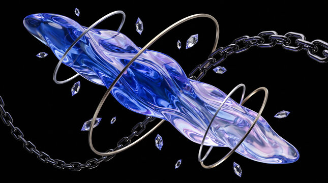 Abstract 3D digital artwork featuring a flowing liquid crystal sculpture with metallic rings and dark chains on a black background
