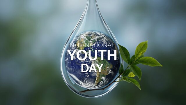 International Youth Day concept with Earth globe inside water drop and green leaf