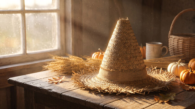 Rustic autumn still life with a straw hat, small pumpkins, and warm sunlight streaming through a window on a wooden table