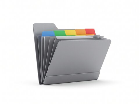 Grey expanding file folder with colorful index tabs for organizing important office documents and paper records