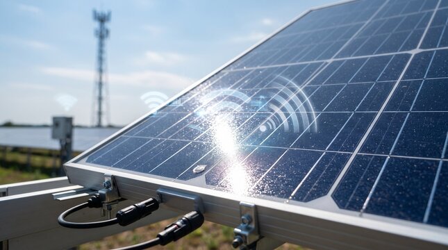Close-up view of solar panels with wireless monitoring technology, representing renewable energy management, IoT connectivity, predictive maintenance, and smart infrastructure.